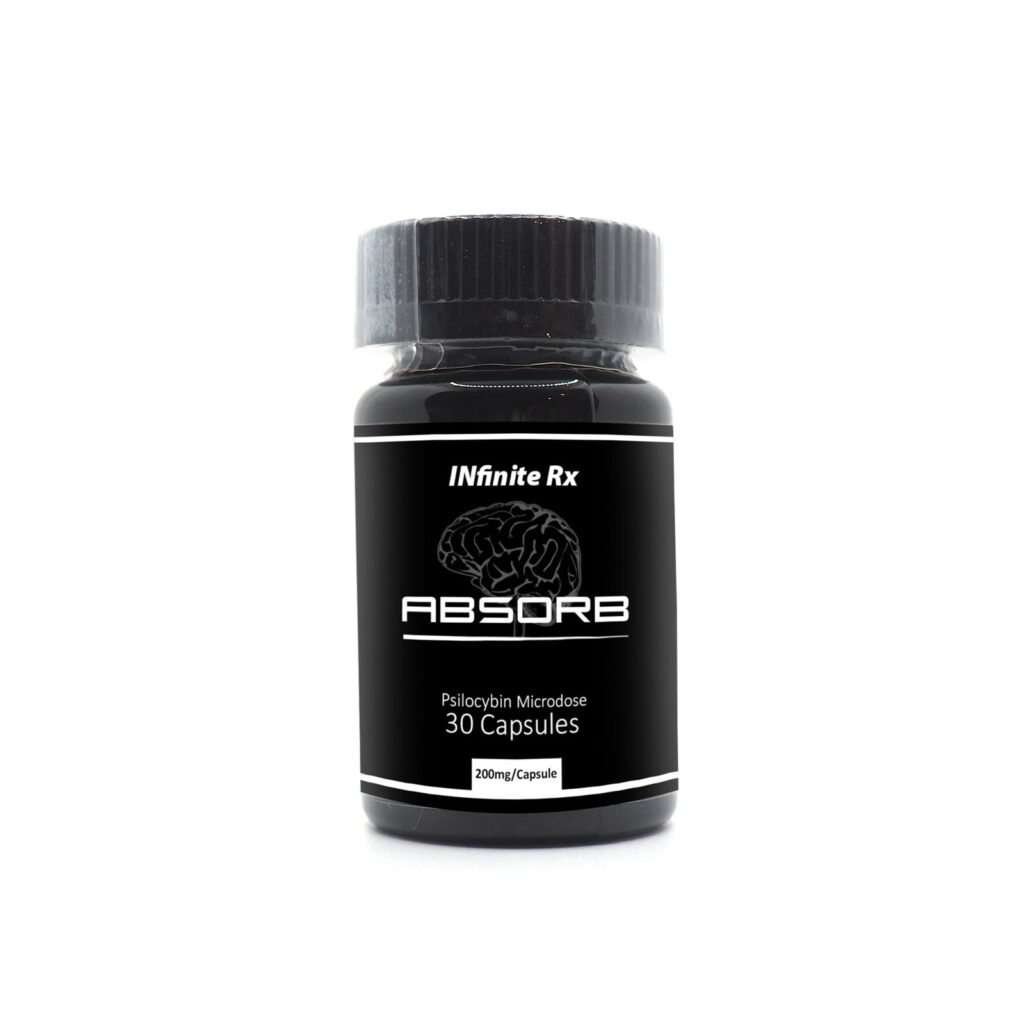 INfinite Rx Absorb Microdosing Psilocybin Capsules in black bottle